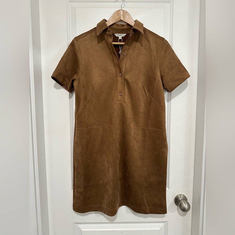 Max Studio NWT Brown Camel Suede Short Sleeve Polo Shift Dress Women’s Medium